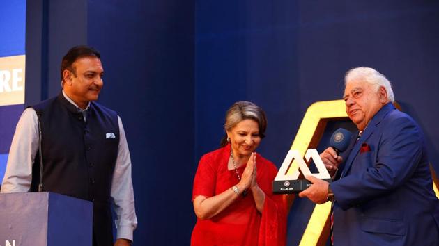 Farokh Engineer with Sharmila Tagoreas he delivered the MAK Pataudi lecture during the BCCI awards. (BCCI)