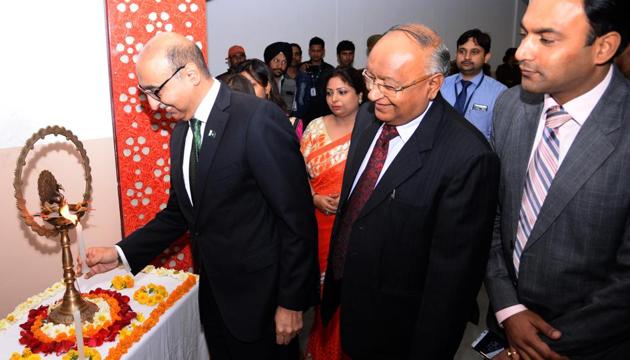 Pakistan’s high commissioner Abdul Basit at the interaction held at the IIMT campus in Greater Noida on Wednesday. (HT Photo) Pakistan’s high commissioner Abdul Basit at the interaction held at the IIMT campus in Greater Noida on Wednesday. (HT Photo)