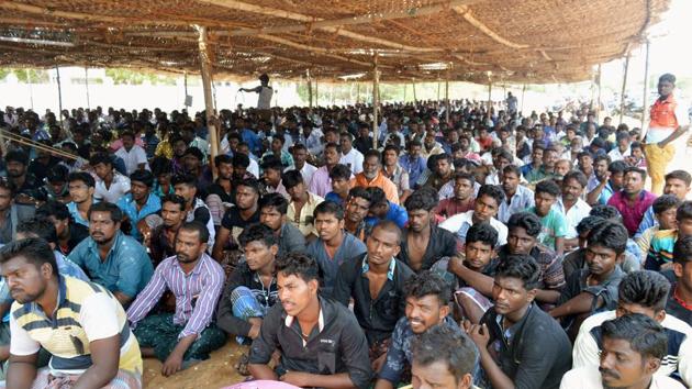 Fishermen community members on the second day of their protest in Rameswaram on Wednesday. (PTI Photo) Fishermen community members on the second day of their protest in Rameswaram on Wednesday. (PTI Photo)