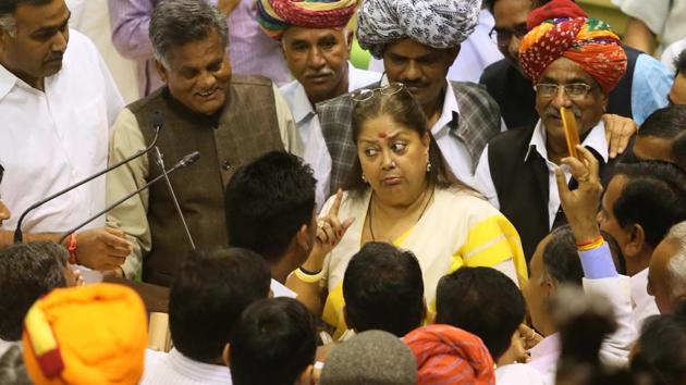 Rajasthan CM Vasundhara Raje interacts with MLAs on her birthday after presentation of the state budget at Assembly in Jaipur, Rajasthan on Wednesday. (Himanshu Vyas/HT Photo) Rajasthan CM Vasundhara Raje interacts with MLAs on her birthday after presentation of the state budget at Assembly in Jaipur, Rajasthan on Wednesday. (Himanshu Vyas/HT Photo)