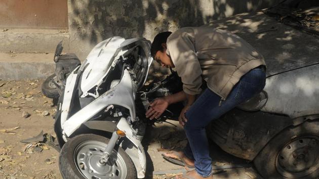 The mangled remains of the scooter after the accident which killed 17-year-old Atul Arora in the Paschim Vihar area of Delhi on Sunday. (Burhaan Kinu/HT PHOTO) The mangled remains of the scooter after the accident which killed 17-year-old Atul Arora in the Paschim Vihar area of Delhi on Sunday. (Burhaan Kinu/HT PHOTO)