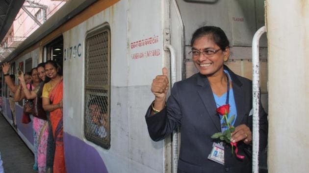 Surekha Yadav, a motorwoman of the ladies special suburban train on the harbour line, poses for a photo at the Chhatrapati Shivaji Terminus. (Bhushan Koyande/ht photo)