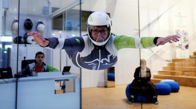 Paloma Granero, 38, a skydiving instructor, poses for a photograph inside the wind tunnel at Windobona indoor skydiving in Madrid, Spain, February 24, 2017. ‘Men donÕt have to prove themselves like we do. We are tested every day," Granero said. "The instruction jobs still go mostly to men, whereas the administrative jobs go mostly to women.’ (Susana Vera / REUTERS)