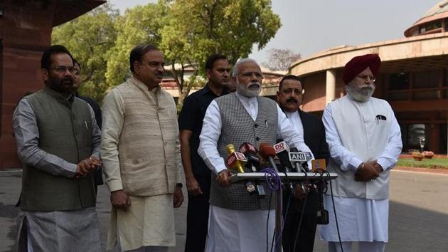 Prime Minister Narendra Modi makes an address outside Parliament ahead of the second half of the budget session.(pmindia.gov.in)