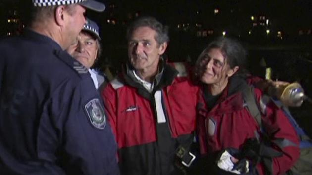 Nick Dwyer and Barbara Heftman thank police officers in Sydney after being rescued off Australia's southeastern coast. (AP/ TV grab) Nick Dwyer and Barbara Heftman thank police officers in Sydney after being rescued off Australia's southeastern coast. (AP/ TV grab)