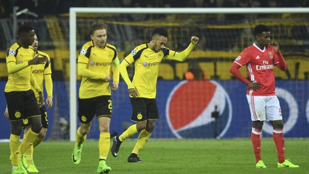 Borussia Dortmund's Pierre-Emerick Aubameyang celebrates after scoring against Benfica in UEFA Champions League.(AP)