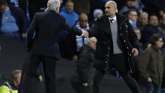 Stoke City manager Mark Hughes shakes hands with Manchester City manager Pep Guardiola after a drawn Premier League game. (REUTERS) Stoke City manager Mark Hughes shakes hands with Manchester City manager Pep Guardiola after a drawn Premier League game. (REUTERS)