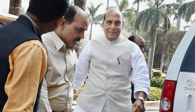 Union home minister Rajnath Singh arrives for the ongoing budget session of Parliament in New Delhi on Thursday. (PTI) Union home minister Rajnath Singh arrives for the ongoing budget session of Parliament in New Delhi on Thursday. (PTI)