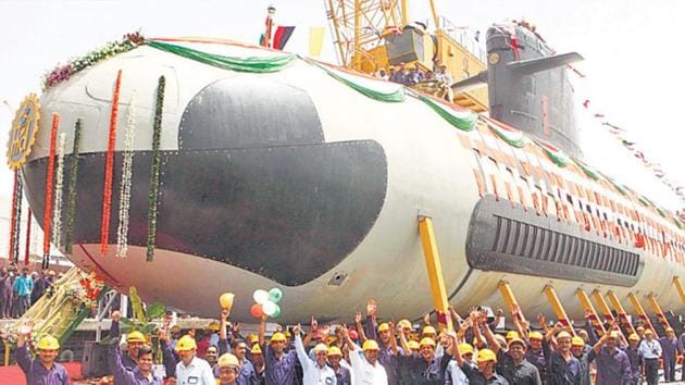 The floating out ceremony of the first Scorpene-class submarine, Kalvari, in Mumbai.(HT File Photo)