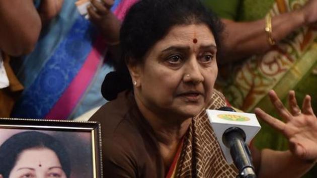 AIADMK general secretary VK Sasikala at a press meet in Chennai in February 2017. The Supreme Court held Sasikala guilty in a Rs 65 crore disproportionate assets case, sending her to complete her jail term in Karnataka.(PTI File Photo)
