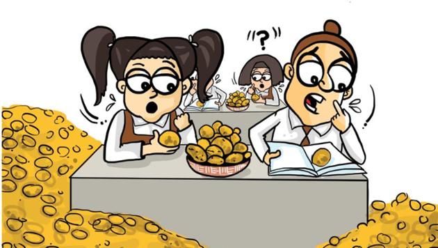 This scale of buying may bring relief to farmers who are getting impatient and facing losses due to a glut. But schools’ midday meal accounts are running low, and the fresh orders will add to the trouble, sources said. (Daljeet Kaur Sandhu/HT Illustration)