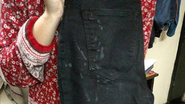 A picture of the stained jeans shared by Meghna Singh on her profile. A picture of the stained jeans shared by Meghna Singh on her profile.