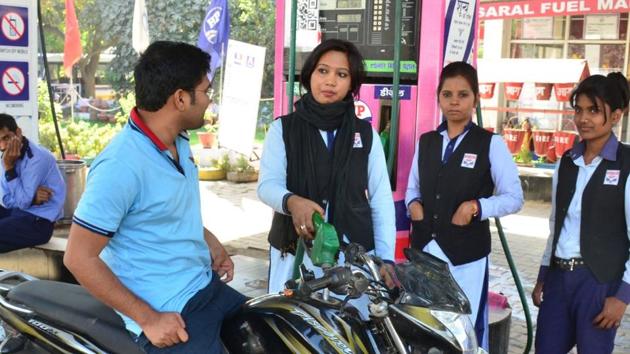 Women workers at pink petrol pump. (HT Photo) Women workers at pink petrol pump. (HT Photo)