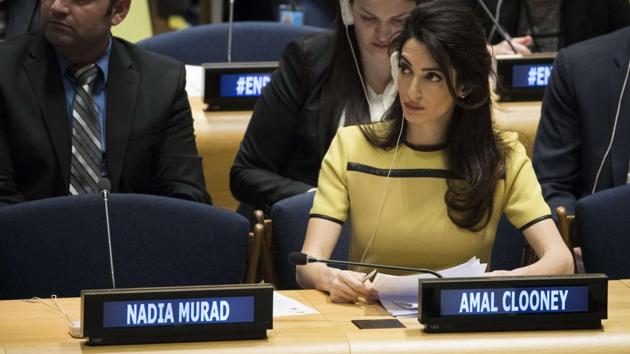 Amal Clooney attends an event titled ’The Fight against Impunity for Atrocities: Bringing Da'esh to Justice’ at the United Nations headquarters in New York City. (AFP) Amal Clooney attends an event titled ’The Fight against Impunity for Atrocities: Bringing Da'esh to Justice’ at the United Nations headquarters in New York City. (AFP)