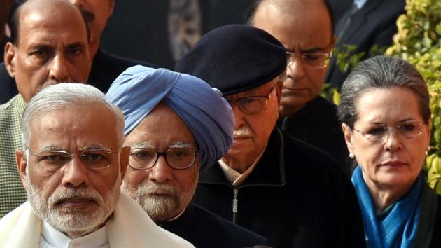 Shortly before campaigning kicked off in poll bound states, PM Narendra Modi, Former PM Manmohan Singh, LK Advani, UPA chairperson Sonia Gandhi and home minister Rajnath Singh, finance minister Arun Jaitley were seen in one frame arriving for a tribute to martyrs who sacrificed their lives during Parliament terrorist attack. (Arun Sharma/HT PHOTO)