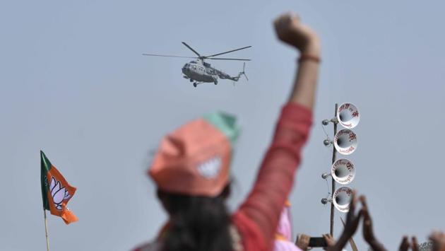 BJP supporters attend the PM Narendra Modi’s rally at Mirzapur in Varanasi, India, on March 3rd. (Arun Sharma/HT PHOTO)