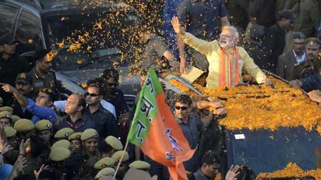 An integral part of the BJP’s campaigns across the five states are banking on Prime Minister Narendra Modi to sway the tide in the party’s favour as it works towards a ‘Congress-mukt Bharat’ (Congress-free India).(Arun Sharma/HT Photo)