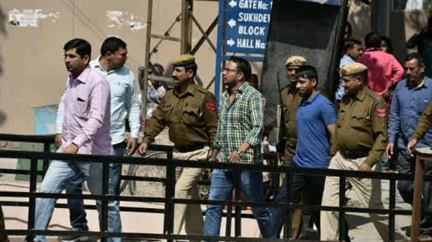 Maruti case accused at Gurgaon’s district court complex on Friday.(Sanjeev Verma/HT Photo)