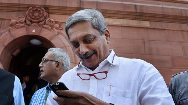 Defence minister Manohar Parrikar at the Parliament house on the second day of Budget Session II of Parliament in New Delhi. (PTI)