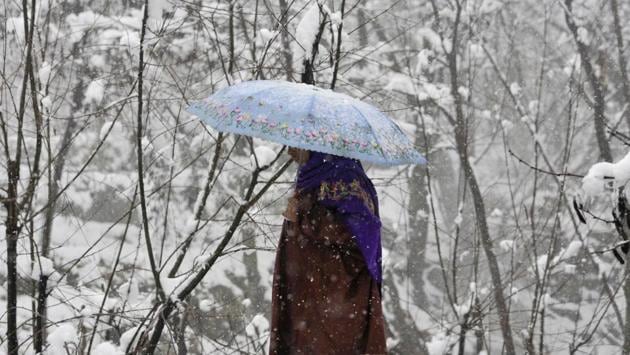 A Kashmiri woman walks along the snow covered trees on the outskirts of Srinagar on Friday March 10 ,2017. (Waseem Andrabi / HT photo)