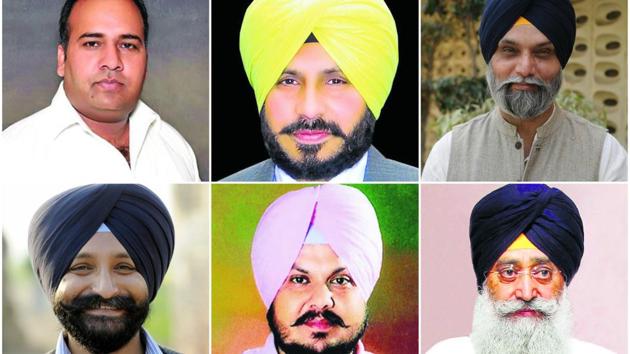SAD winners: Baldev Singh Khaira from Phillaur, Dilraj Singh Bhunder from Sardulgarh, Gurpartap Singh Wadala from Nakodar, Harinderpal Singh Chandumajra from Sanaur, Kanwarjit Singh from Muktsar, and from Sharanjit Singh Dhillon Sahnewal. (HT File Photos)