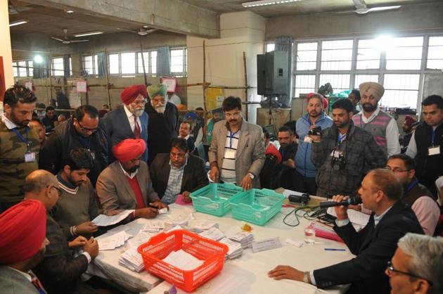 Ballot papers being counted in Jalandhar on Saturday. (Pardeep pandit/ht)