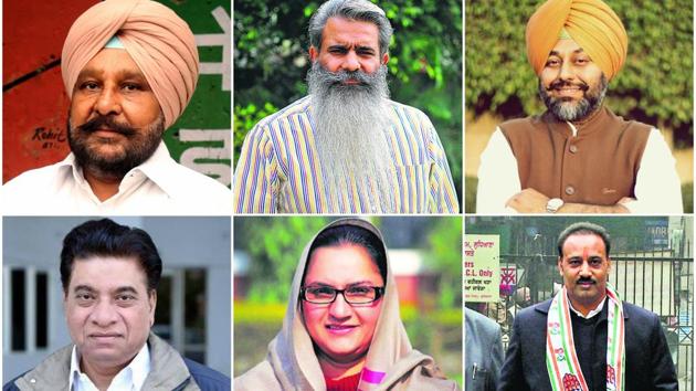 Congress leaders: Ajaib Singh from Malout, Bharat Bhushan Ashu from Ludhiana West, Gurkirat Singh Kotli from Khanna, Surinder Chaudhary from Kartarpur, Razia Sultana from Malerkotla, and Sanjeev Talwar Ludhiana East. (HT File Photos)