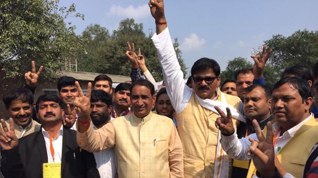 BJP candidates Tejpal Nagar (Second from left) and Thakur Dhirendra Singh (Third from left) after winning the polls in Noida. (Sohil Sehran/HT Photo) BJP candidates Tejpal Nagar (Second from left) and Thakur Dhirendra Singh (Third from left) after winning the polls in Noida. (Sohil Sehran/HT Photo)