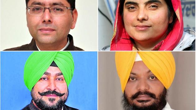 AAP winners: Aman Arora from Sunam, Baljinder Kaur from Talwandi Sabo, Jagtar Singh Jagga from Raikot and Manjit Singh from Bilaspur. (HT File Photos)