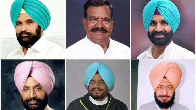 Congress candidates Darshan Singh Brar from Bhagha Purana, Darshan Lal from Balachaur, Gurpreet Singh from Bassi Pathana, Harpartap Singh from Ajnala, Tarsem Singh from Attari and Surjit Singh Dhiman, who won from Amargarh. (HT File Photos)
