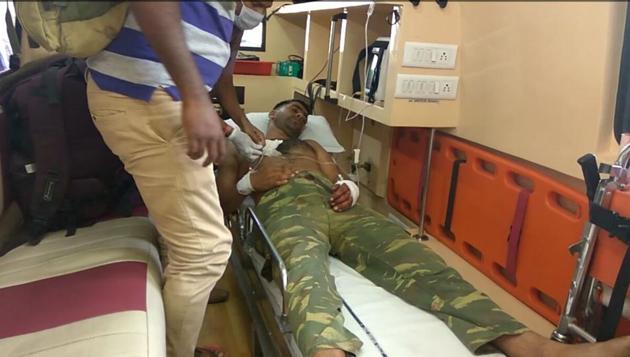 A security personnel injured in the Maoist attack in Bheji area of Chhattisgarh’s Sukma district on Saturday.(HT Photo)