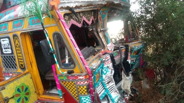 The bus and the truck collided head on, on the Pune-Hyderabad highway early Saturday. (HT Photo) The bus and the truck collided head on, on the Pune-Hyderabad highway early Saturday. (HT Photo)