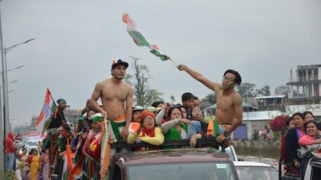 BJP supporters celebrate the party’s strong election show, in Imphal on Saturday. (Sobhapati Samom) BJP supporters celebrate the party’s strong election show, in Imphal on Saturday. (Sobhapati Samom)