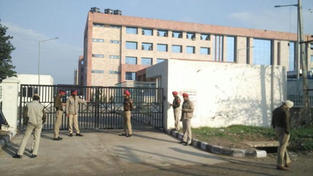 Tight security outside a polling centre in Punjab. (HT Photo)