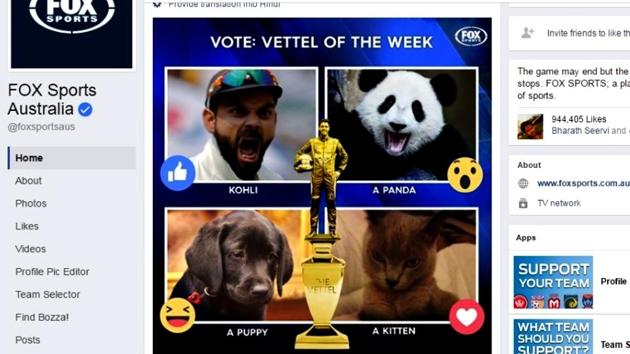 Virat Kohli was nominated for the ‘Vettel of the Week’ awards in which his face has been put up with other animals in a collage.(Fox Sports Australia Facebook)