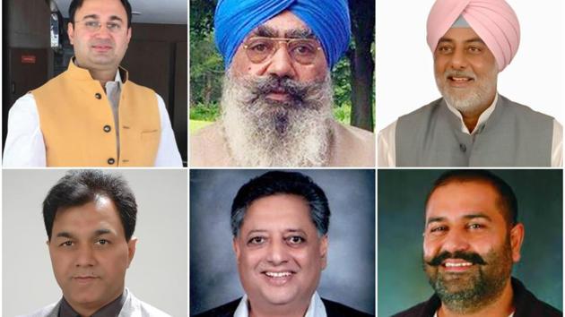 (Clockwise) Congress candidates Amit Vij wins from Pathankot, Sukhjit Singh wins from Dharamkot, Randeep Singh wins from Amloh, Raj Kumar wins from Chabbewal, Kanwar Pal wins from Anandpur Sahib and Sushil Kumar Rinku wins from Jalandhar West. (HT File Photos)