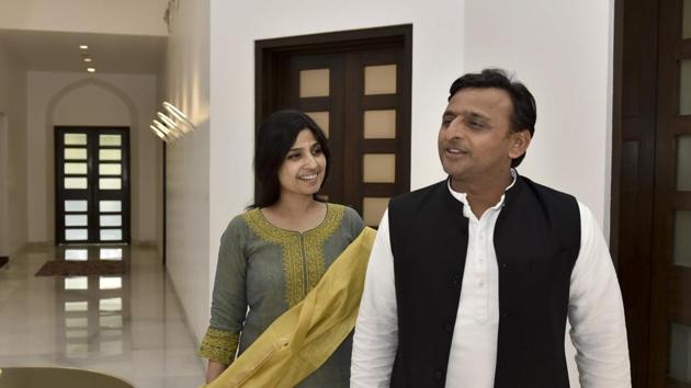 Uttar Pradesh chief minister Akhilesh Yadav with his wife Dimple at his official residence in Lucknow on March 10, 2017. A day before the assembly election votes are counted, the couple believe their pitch for development has won the state in their favour. (Arvind Yadav/HT Photo) Uttar Pradesh chief minister Akhilesh Yadav with his wife Dimple at his official residence in Lucknow on March 10, 2017. A day before the assembly election votes are counted, the couple believe their pitch for development has won the state in their favour. (Arvind Yadav/HT Photo)