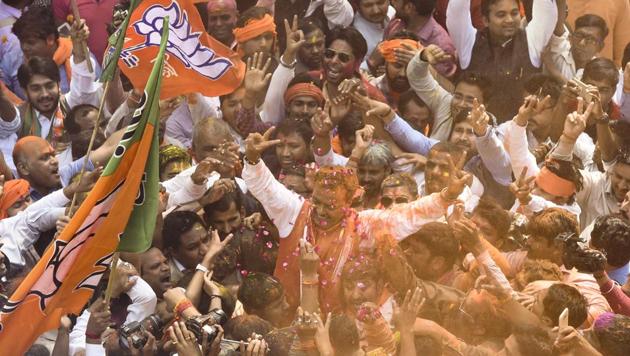 BJP Uttar Pradesh president Keshav Prasad Maurya celebrate with party workers celebrates the thumping victory in the assembly elections. (Arvind Yadav/HT PHOTO) BJP Uttar Pradesh president Keshav Prasad Maurya celebrate with party workers celebrates the thumping victory in the assembly elections. (Arvind Yadav/HT PHOTO)