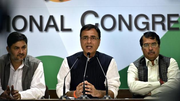 Congress leader Randeep Surjewala during press conference at the party headquarters in New Delhi, India.(Arun Sharma/Hindustan Times) Congress leader Randeep Surjewala during press conference at the party headquarters in New Delhi, India.(Arun Sharma/Hindustan Times)