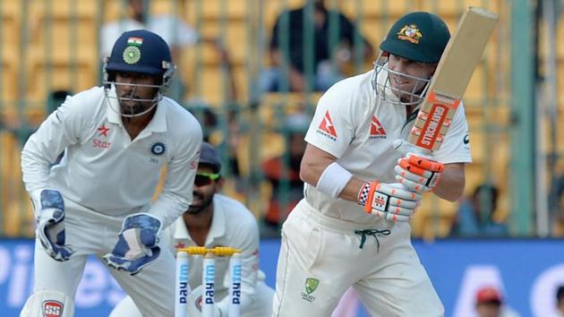 David Warner in action during the Test match between India and Australia in Bangalore.(AFP)