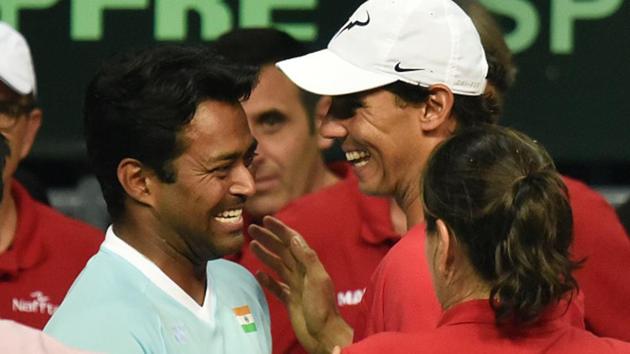 India's Leander Paes wishes Spain's Rafael Nadal after their Davis Cup match in Delhi on September 18, 2016. (Hindustan Times via Getty Images) India's Leander Paes wishes Spain's Rafael Nadal after their Davis Cup match in Delhi on September 18, 2016. (Hindustan Times via Getty Images)