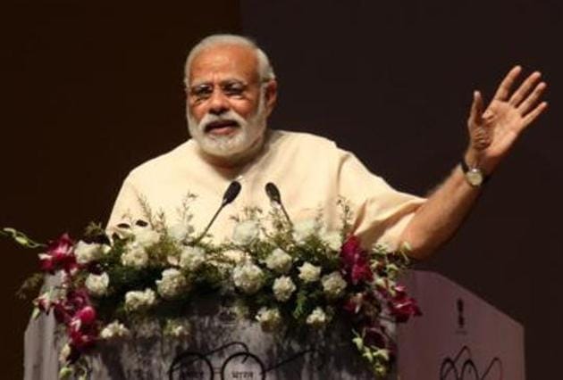 Prime minister Narendra Modi during Mahila Sarpanch sammelan at Mahatma mandir in Gandhinagar in Gujarat, on March 8.(Siddharaj Solanki/ HT Photo)