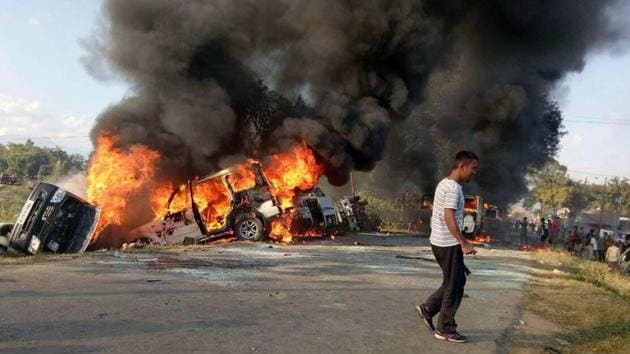 Vehicles set alight by protesters in Imphal in December, 2016 during the four-month blockade. (AFP File) Vehicles set alight by protesters in Imphal in December, 2016 during the four-month blockade. (AFP File)