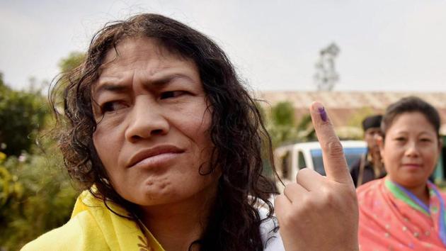 Imphal: People's Resurgence & Justice Alliance (PRAJA)'s Irom Sharmila shows her finger marked with indelible ink after casting her vote at a polling station during the first phase of Assembly polls in Imphal, Manipur. (PTI) Imphal: People's Resurgence & Justice Alliance (PRAJA)'s Irom Sharmila shows her finger marked with indelible ink after casting her vote at a polling station during the first phase of Assembly polls in Imphal, Manipur. (PTI)