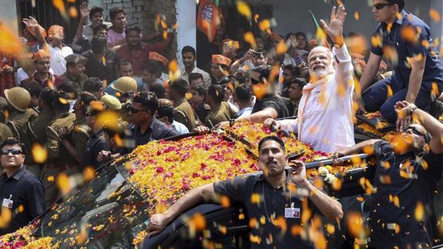 Led by Prime Minister Narendra Modi, the BJP was seen as leading in 298 of the state’s 403 assembly seats. (Arun Sharma/HT PHOTO) Led by Prime Minister Narendra Modi, the BJP was seen as leading in 298 of the state’s 403 assembly seats. (Arun Sharma/HT PHOTO)