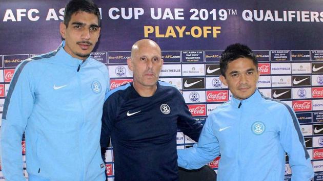 Indian football team coach Stephen Constantine (centre) with Sunil Chhetri and young goalkeeper Gurpreet Singh Sandhu (left). (PTI) Indian football team coach Stephen Constantine (centre) with Sunil Chhetri and young goalkeeper Gurpreet Singh Sandhu (left). (PTI)