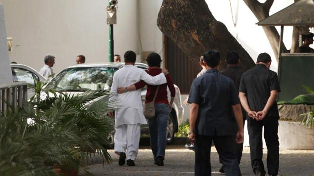 Rahul Gandhi consoled by his sister Priyanka Gandhi after returning from a media interaction on UP election results outside 10 Janpath on March 6, 2012 in New Delhi. Accepting the responsibility for the poor show of his party in Assembly elections in Uttar Pradesh he said that the party need to strengthen its structure in the state. Congress with its ally RLD managed to win just 38 out of 403 assembly seats in Uttar Pradesh. (Ajay Aggarwal/HT Photo)