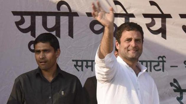 Uttar Pradesh, India - March 2, 2017: Congress Vice President Rahul Gandhi at election rally at Pindra inUttar Pradesh, India, on Thursday, March 2, 2017. (Photo by Arun Sharma/ Hindustan Times)(Arun Sharma/HT PHOTO)