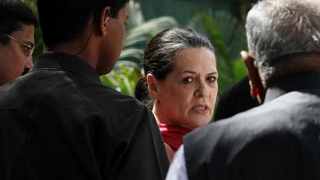 Congress Chairperson Sonia Gandhi arriving to address the media on After 2012 assembly election results, at AICC Office on March 7, 2012 in New Delhi. She said that the Congress will look into the mistakes committed and will take corrective measures. (HT Photo)