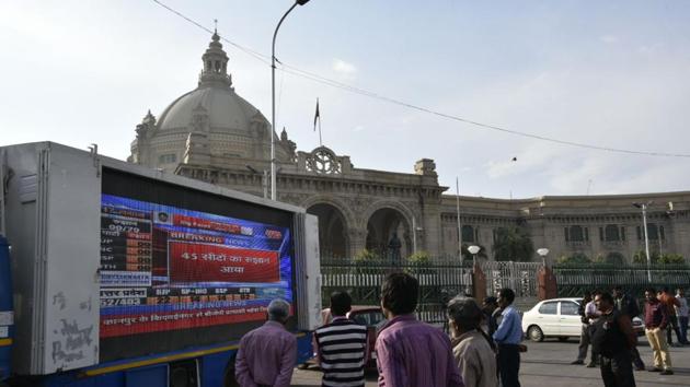 People look on at a screen projecting state election results in front of the Vidhan Sabha in Lucknow , India on Tuesday, March 11, 2017. Early trends indicate a BJP lead in Uttar Pradesh. (ARVIND YADAV/HT PHOTO) People look on at a screen projecting state election results in front of the Vidhan Sabha in Lucknow , India on Tuesday, March 11, 2017. Early trends indicate a BJP lead in Uttar Pradesh. (ARVIND YADAV/HT PHOTO)